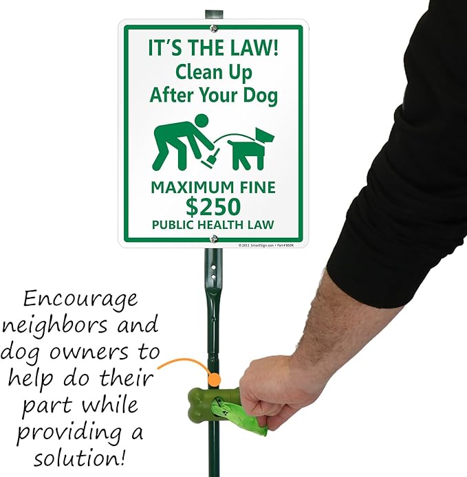 SmartSign It’s Law Clean Up After Your Dog Maximum Fine $250 Yard Sign & Clip-On Plastic Dispenser Combo/Kit, 10"x12" Aluminum Sign with 3ft Stake, Compact Dispenser Preloaded with a 15 Poop Bags Roll