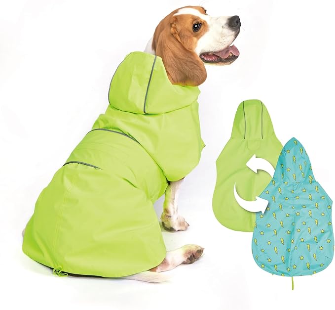 Dog Raincoat Reversible, Single Side Slicker Poncho Adjustable Waterproof Dog Rain Jacket with Leash Hole/Reflective Stripe Hooded Snowproof Windproof Clothes for Medium to 2X Large Dogs, M