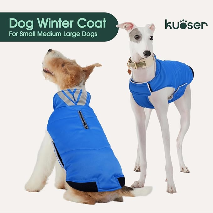 Kuoser Dog Coat Small, Cold Weather Reflective Waterproof Dogs Jacket with Warm Fleece Lining, Turtleneck Dog Winter Coat with Zipper, Doggy Snow Jacket Pet Coats for Small Medium Large Dogs, Blue S