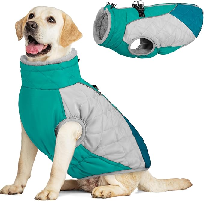 AOFITEE Dog Winter Coat, Dog Coat for Large Dogs, Reflective Large Dogs Jacket with Harness Built in and Fleece Lined, Waterproof Pet Winter Jacket Warm Snowsuit for Cold Weather, Green XXL