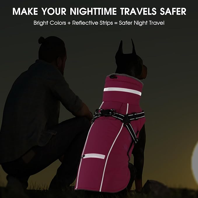 PETDSH Dog Coat Medium, Built-in Harness Dog Jacket with Warm Fleece Lining, Waterproof Reflective Dogs Winter Coat, Pet Coats with Pocket and Trash Bags (Pink, Medium)