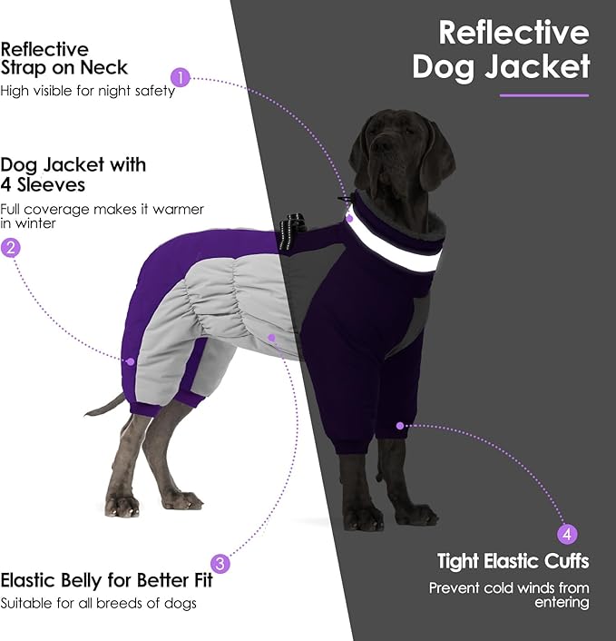 SUNFURA Full Body Dog Coat - Warm Fleece Jacket for Small Dogs, Turtleneck Winter Coats with Harness, Reflective Dog Snowsuit Windproof Puffer Jackets with Legs for Chihuahua, Yorkie, Purple XS