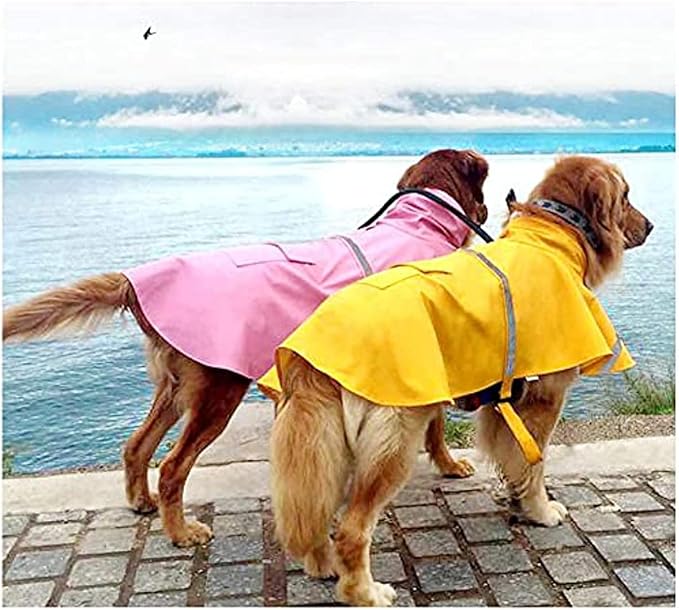 Mikayoo Large Dog Raincoat Adjustable Pet Waterproof Clothes Lightweight Rain Jacket Poncho Hoodies with Strip Reflective(Yellow,L)