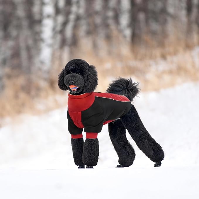 IDOMIK Reversible Dog Winter Coat, Thick Warm Dog Coat with Leopard Fleece Lining&Zipper, Adjustable High Collar Waterproof Jacket, Reflective Pet Cold Weather Coats for Medium Dogs,Red,M