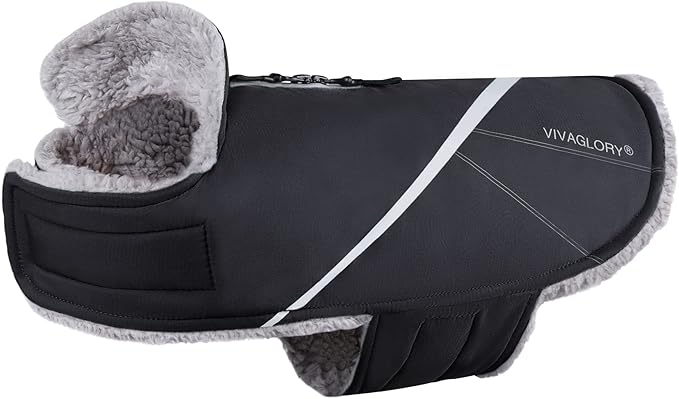 VIVAGLORY Snowrap Dog Coat, Jacket with Harness Hole & Velcro Closure, Dog Coat for Winter & Cold Weather, Fluffy Warm Fleece Lined Reflective Water Resistant for Puppy, XL, Black