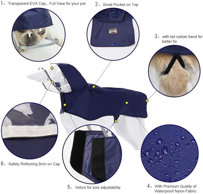 Pet Raincoat Packable Hooded Dog Rain Jacket Reflective Strips Lightweight Adjustable Poncho for Small Medium Large Dogs Blue L