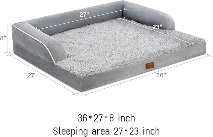 Orthopedic Dog Beds for Large Sized Dogs, Waterproof Egg Crate Foam Large Dog Couch Beds with Comfy Bolster 36x27Inch, Washable Pet Beds with Removable Cover and Nonskid Bottom, Grey