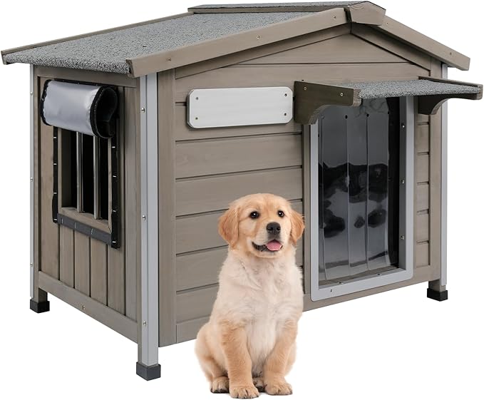 Outdoor Dog House Weatherproof Large Wooden Dog Kennel Indoor for Small Dogs with Chew-Proof Frame, Oxford Fabric Window, Removable Floor Pet Shelter (Grey, 30.1" D x 18.3" W x 24" H)
