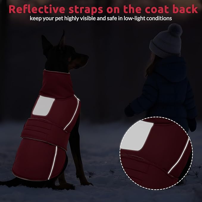 ASENKU Warm Dog Coat, Waterproof Dog Jackets for Large Dogs with Reflective Fleece Vest Turtleneck with Button,Windproof Cold Weather Coats for Small Medium Large Dogs, Dark Red, 4XL