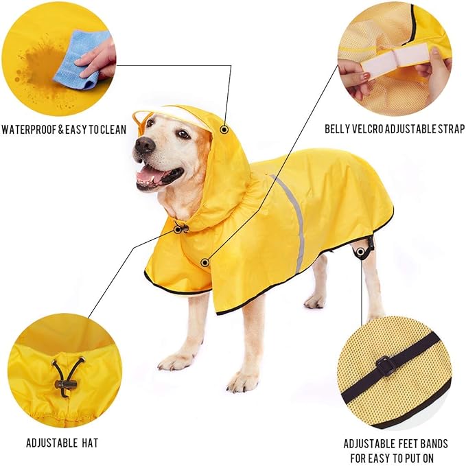 Dog Raincoat with Adjustable Belly Strap and Leash Hole - Hoodie with Reflective Strip - Waterproof Slicker Lightweight Breathable Rain Poncho Jacket for Medium Large Dogs - Easy to Wear, Yellow 4XL