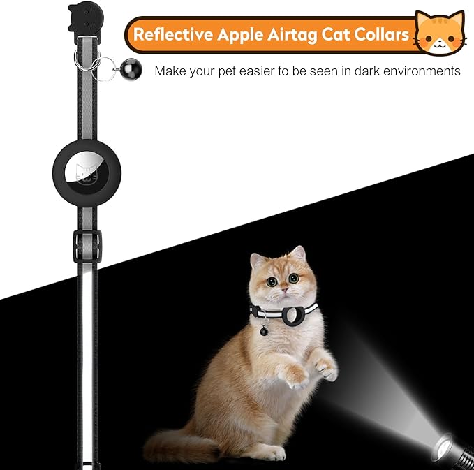 2 Pack Airtag Cat Collar with Bell, Reflective Nylon Kitten Collar with Apple Air Tag Holder and Breakaway Safety Buckle for Puppy Girl Boy Cats, 3/8" in Width and Lightweight, Black