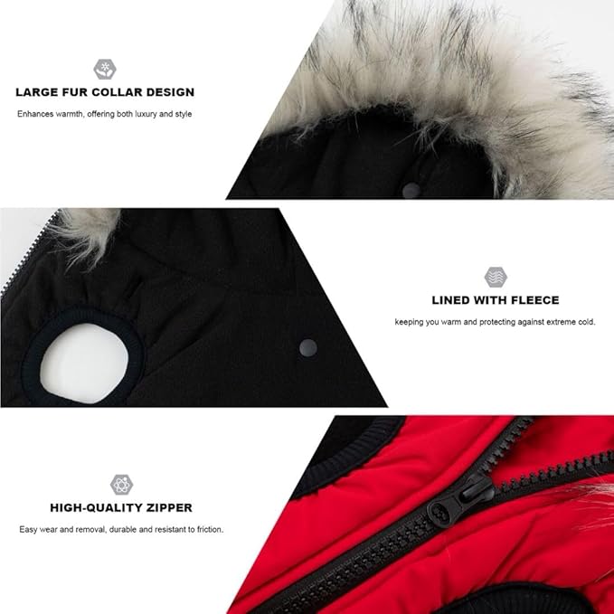 PINA Winter Coat with Waterproof Fabric, Warm Dog Jacket with Faux Fur Hood, Reflective Strap for Small to Large Dogs, Red, M