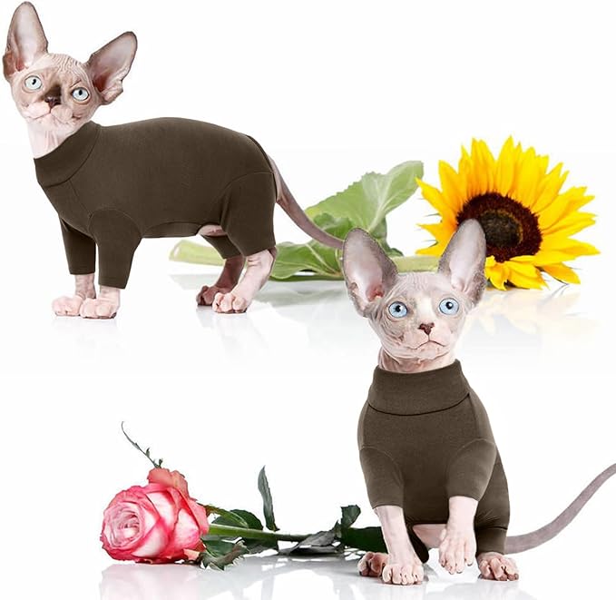 ROZKITCH Hairless Cat Shirt, Turtleneck Sweater for Cat, Sphynx Cats Shirt Hairless Sweaters with Sleeves, Warm and Soft Kitten Pullover Fleece Winter Pajamas Jumpsuit for Puppy Cats Coffee S