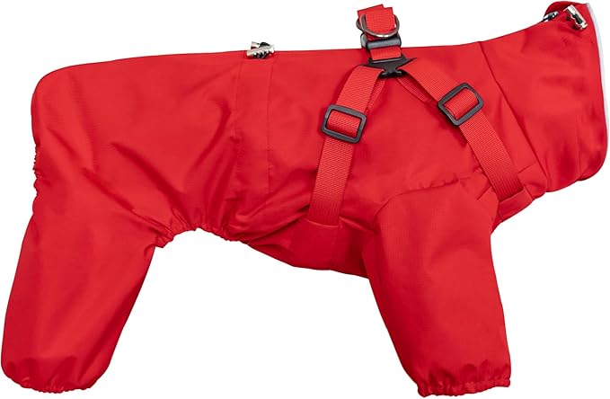 Mile High Life Waterproof Dog Raincoat, Full Coverage Small Dog Rain Coat with Harness, Adjustable 4 Legs Puppy Rain Jacket with Reflective Strip and Elastic Cuffs (Red, L Back Length 16.1")