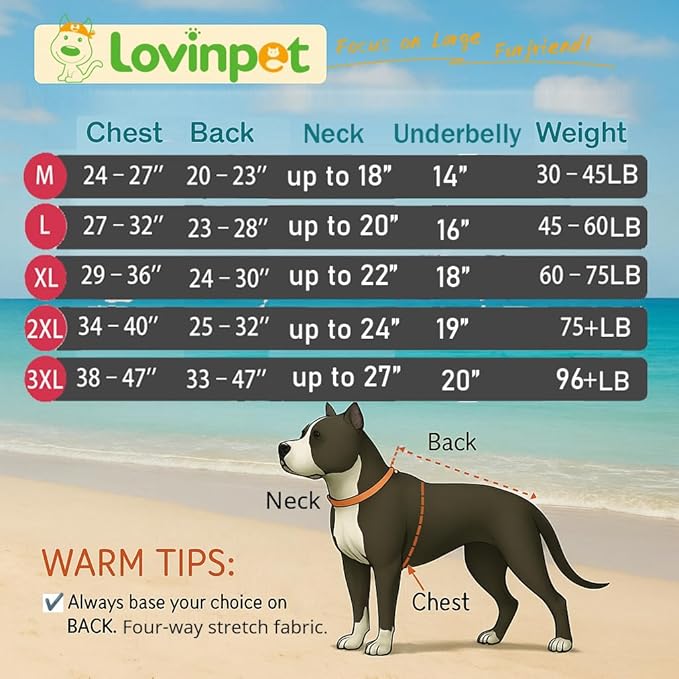 LovinPet Large Dog Pajamas, Anti Licking, Recovery Suit, Lightweight Jurassic Knit, UV for Large Dogs/L