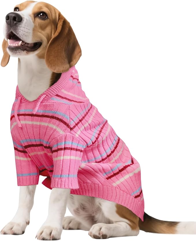 Kuoser Small Dog Sweater, Dog Sweaters for Small Dogs Male, Girl Boy Dogs Christmas Sweater, Hooded Striped Pet Puppy Pullover Sweatshirt Outfits for Chihuahua, Dachshund, Pug, Yorkie, Pink S