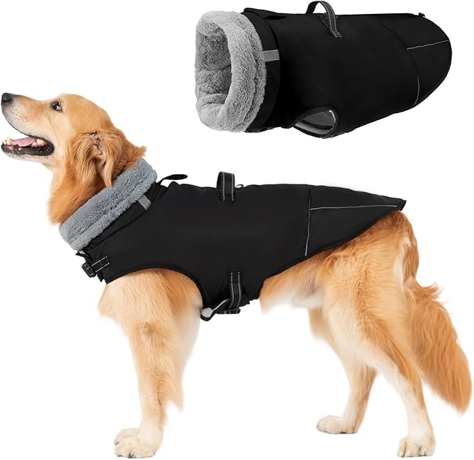 Mihachi Dog Coat for Large Dogs, Warm Dog Winter Coat Waterproof Dogs Jacket with Harness Built in Reflective Pet Fleece Vest, Puppy Cold Weather Coats Turtleneck & Windproof Pet Snowsuit, Black L