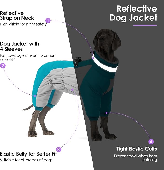 SUNFURA Full Body Dog Coat - Warm Fleece Jacket for Extra Large Dogs, Turtleneck Winter Coats with Harness, Reflective Dog Snowsuit Windproof Puffer Jackets with Legs for Great Dane, Turquoise 3XL