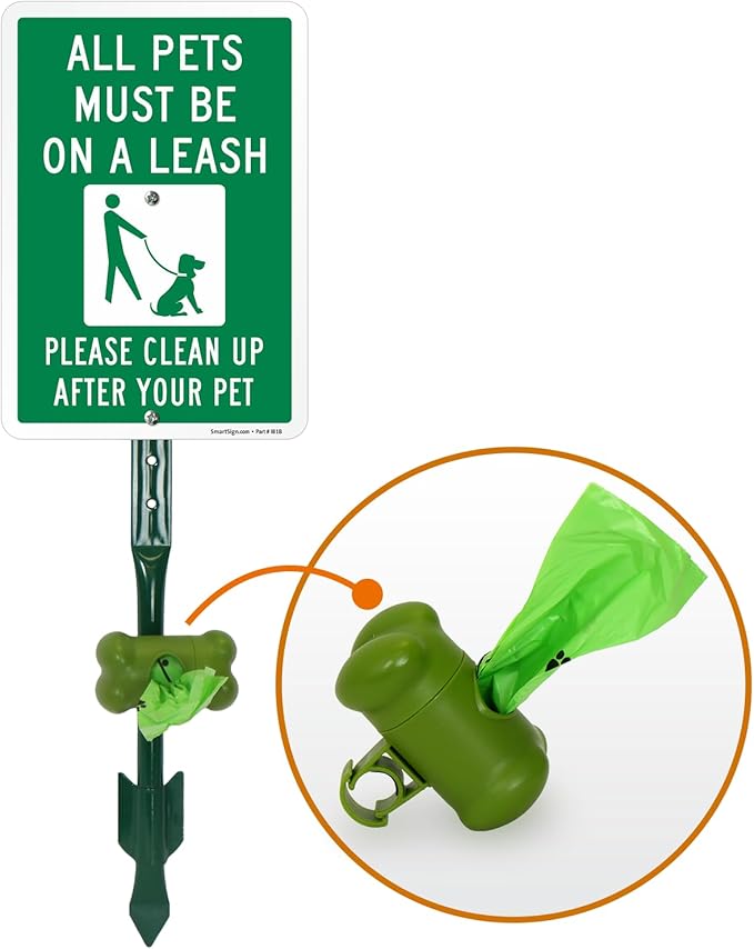 SmartSign Pets Must Be On Leash Clean Up After Pet Yard Sign & Clip-On Dispenser Combo/Kit, 7"x10" Rust-proof Metal Sign with 18-inch Steel Stake, Compact Dispenser Preloaded with a 15 Poop Bags Roll