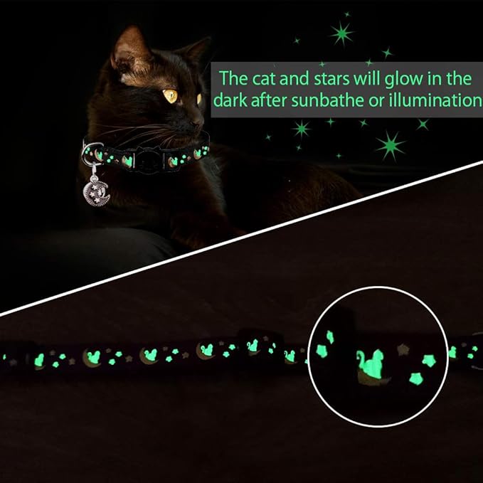 2Pcs Breakaway Cats Collars Cat Collars for Boy Cats Moons Adjustable Kitten Collars with Bell & Pendant Glow in The Dark,Black+Blue
