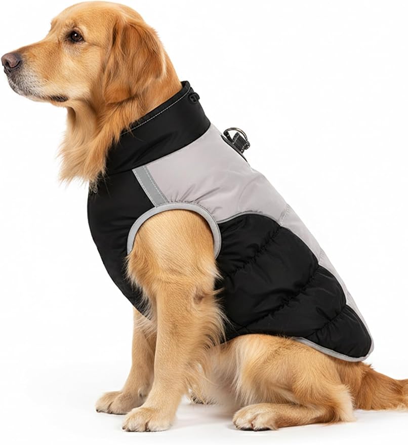 AURUZA Dog Coat, Warm Dog Winter Coat Waterproof Small Dogs Jacket with Harness Built Reflective Pet Vest with Zipper for Medium Dogs Windproof Pet Fleece Vest Snow Jacket for Cold Weather（Black,XXL）