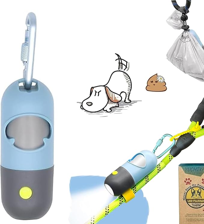 Dog Poop Bag Holder Dispenser with LED Flashlight - Night Visibility for Safe Evening Walks | Upgraded Hands-Free Leash Clip | Includes 15 Dog Waste Bags(Blue)