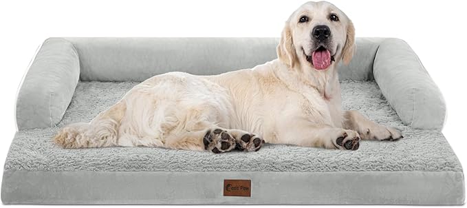 Orthopedic Dog Beds for Extra Large Dogs, Waterproof Egg Crate Foam XL Dog Bed with Sides 45 * 35Inch, Big Dogs Couch Beds with Removable Washable Cover and Nonskid Bottom, Grey White