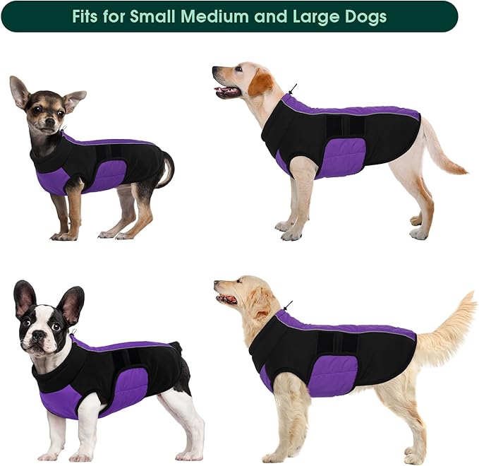 Kuoser Dog Jacket, Dog Coats for Large Dogs Winter Waterproof, Reflective Doggie Vest with Leash Hole, Cold Weather Coats Pet Snow Jacket for Labrador Beagle, Purple XL