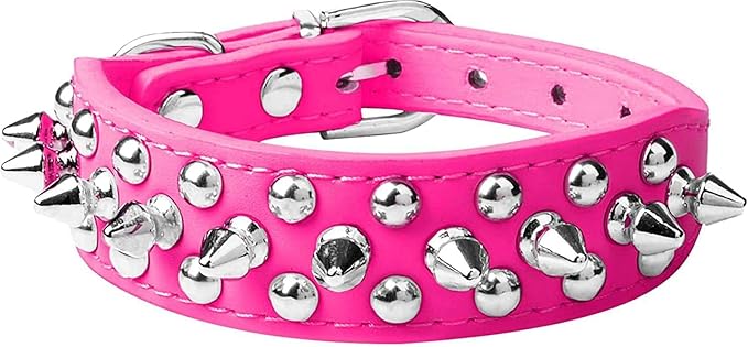 Spiked Dog Collar Soft Pu Leather Mushrooms Rivet Spike Studded Puppy Adjustable Pet Collars for Small Breeds (L, Hot Pink)