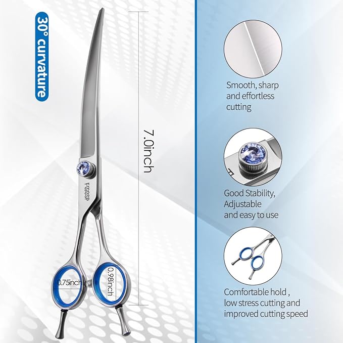 Left Handed Curved Dog Grooming Scissors 7.5 inch Professional Curved Shears Grooming for Poodle Large Dogs Pet 30 Degree Japanese 440C Super Sharp (7.5 curved)