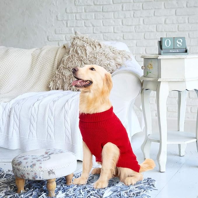 Mihachi Turtleneck Dog Sweater - Winter Coat Apparel Classic Cable Knit Clothes with Leash Hole for Cold Weather, Ideal Gift for Pet in New Year Red X-Large