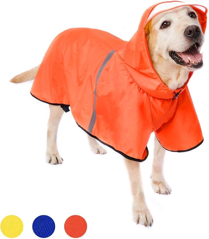 Dog Raincoat with Adjustable Belly Strap and Leash Hole - Hoodie with Reflective Strip - Waterproof Slicker Lightweight Breathable Rain Poncho Jacket for Medium Large Dogs - Easy to Wear, Orange 6XL