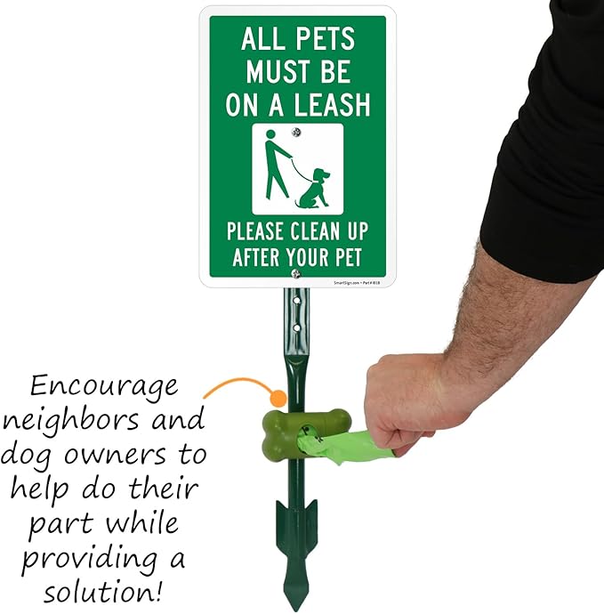 SmartSign Pets Must Be On Leash Clean Up After Pet Yard Sign & Clip-On Dispenser Combo/Kit, 7"x10" Rust-proof Metal Sign with 18-inch Steel Stake, Compact Dispenser Preloaded with a 15 Poop Bags Roll