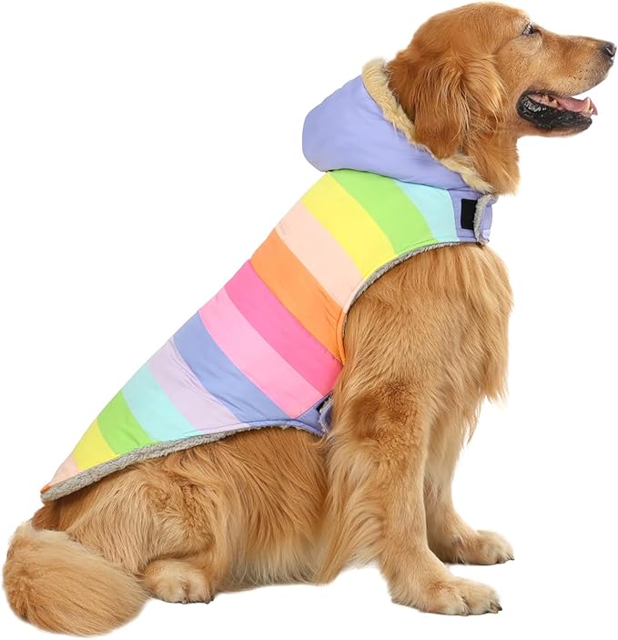HDE Dog Puffer Jacket Fleece Lined Warm Dog Parka Winter Coat with Harness Hole Pastel Rainbow - XXL