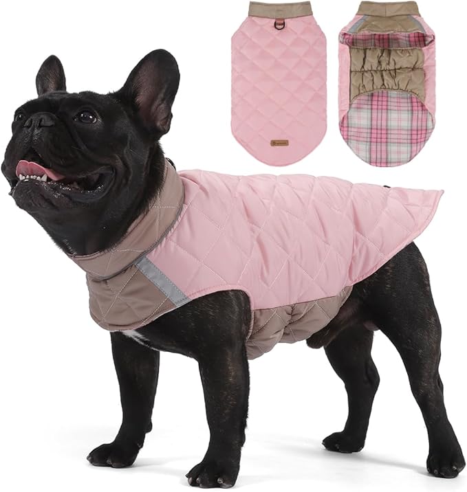 Reversible Waterproof Dog Coat - Adjustable Winter Jacket for Small to Large Breeds, Warm Cold Weather Apparel for Medium Dogs (Pink & Khaki, Small (Pack of 1))