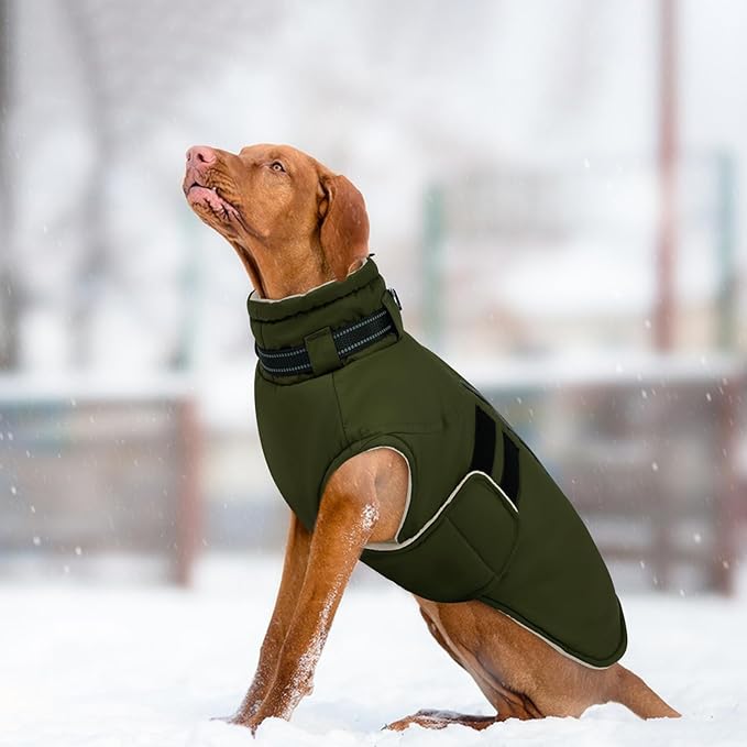 IECOii Winter Dog Coats for Large Dogs, Dog Snow Jacket with Built in Collar & Reflective Strips, Warm Windproof Fleece Dogs Jacket for Cold Weather, Adjustable Easy On Pet Snowsuit, Army Green - XL