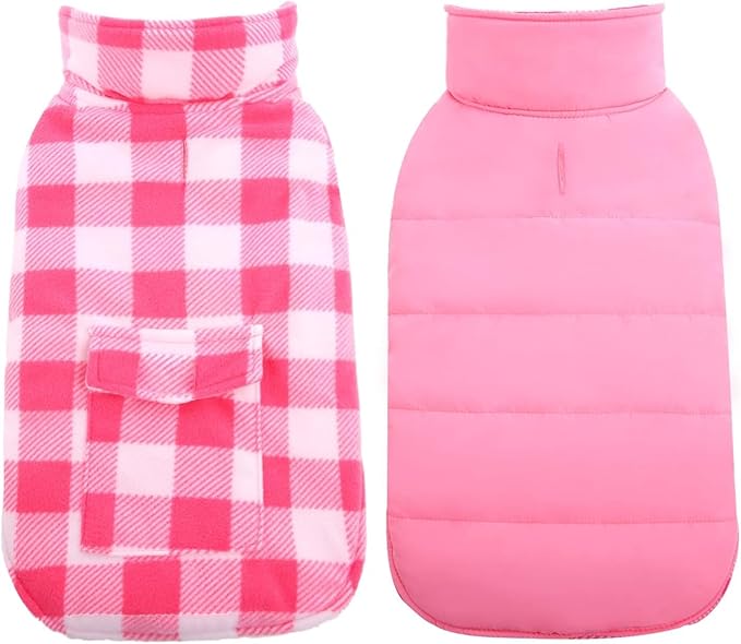 Kuoser Dog Winter Coat, Windproof Dog Fleece Jacket British Style Plaid Cold Weather Doggie Vest Coats, Reversible Cozy Warm Pet Clothes Apparel for Extra Large Size Dogs XXL
