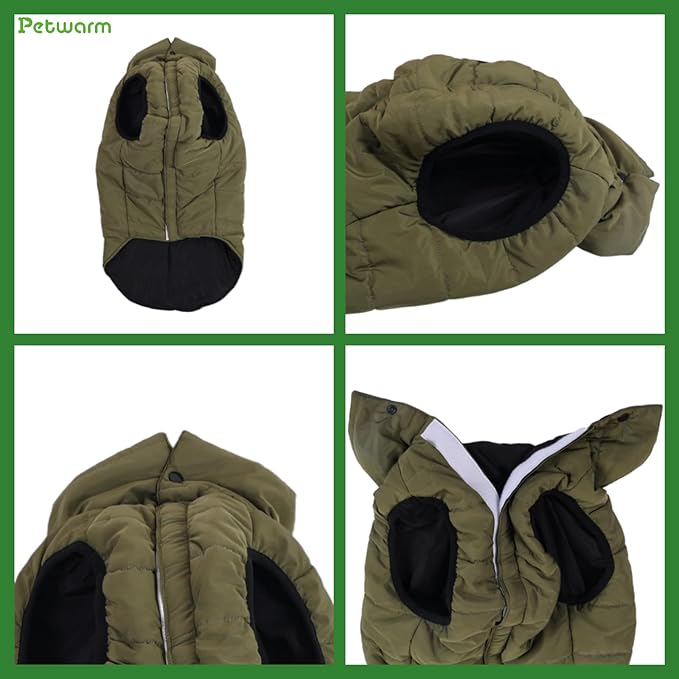 PetWarm Reversible Dog Winter Coat, Windproof Dog Puffer Vest, Soft Vest for Dogs with Hook-and-Loop Strap for Easy Dressing, Waterproof Coat for Dogs with Adjustable Fit, Green, S