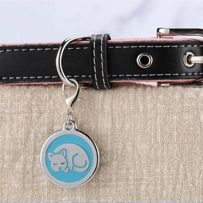 Personalized Pet ID Tags with Lobster Claw Clasp for Kittens and Cats - Small pet Tags for Cats, cat Name Tags for Collar, Custom cat id tag (Sleeping-Round-Small: Pink)