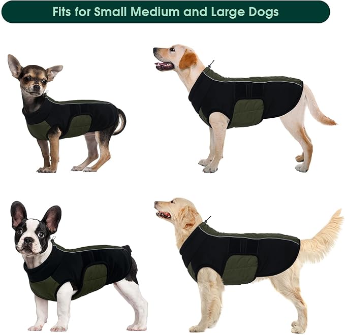 Kuoser Dog Jackets for Small Dogs, Warm Dog Coat with Harness Built in, Puppy Winter Jacket Pet Clothes for Cold Weather, Reflective Waterproof Doggie Winter Vest for Pug Dachshund, Green S