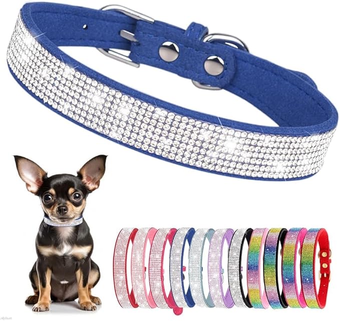 Serijoars Small Dog Collar with Rhinestone Crystal Diamond Colorful Bling Girl Puppy Cat Collars (XXS, Dark Blue)