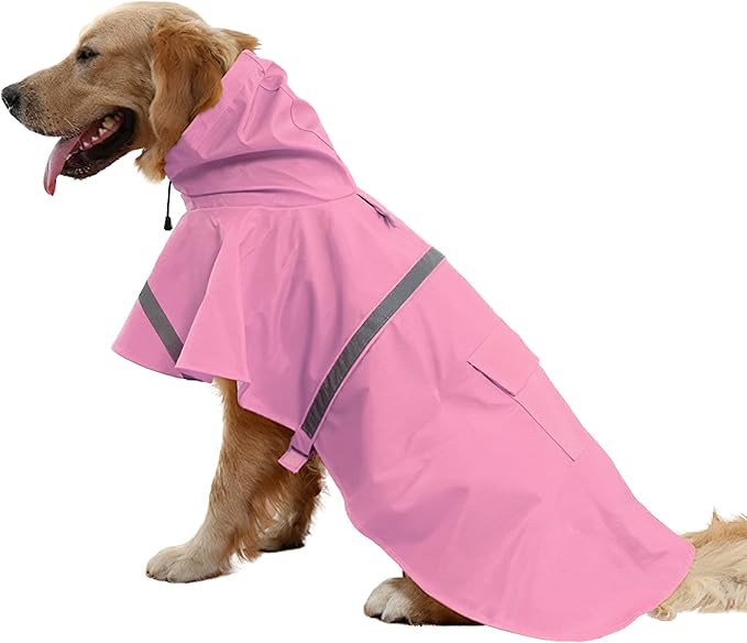 NACOCO Large Dog Raincoat Adjustable Pet Water Proof Clothes Lightweight Rain Jacket Poncho Hoodies with Strip Reflective (XXXL, Pink)