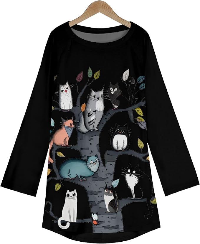 Womens Tunic Shirt Cute Cat Print Long Sleeve Round Neck Women T Shirts Cotton Casual Plus Size Vacation Tunics Tops