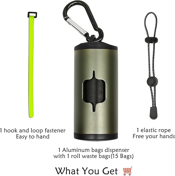 Metal Dog Poop Bag Holder Aluminum Dispenser for Leashes, Hiking & Travel, Lightweight Scratch-Resistant with 3 Attachments and 195 Bags (Olive Green, 1 Holder 15 Bags)