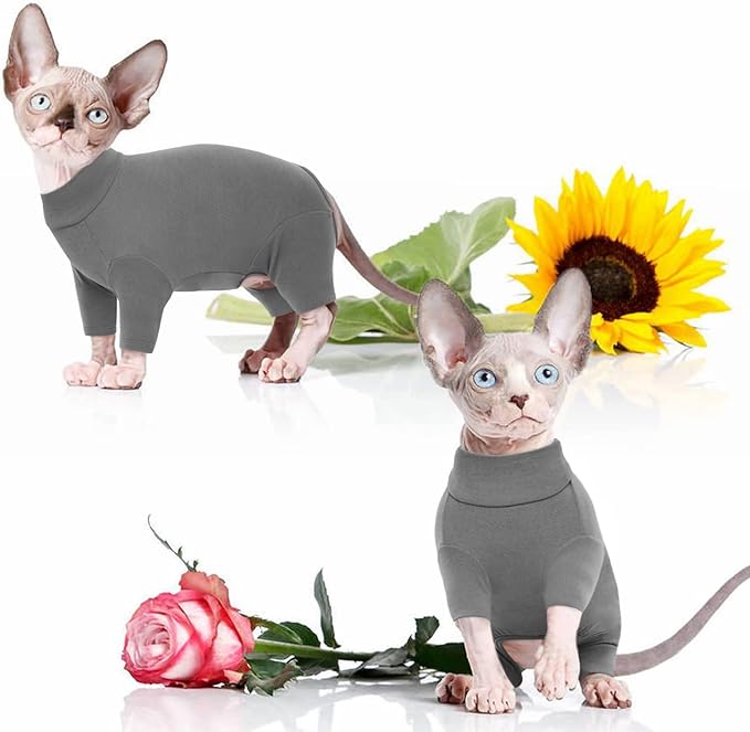 ROZKITCH Clothes for Cats, Breathable Jumpers for Sphynx Only, Soft Coat with Four Legs, Warm Sweater T-Shirt Pajamas Jumpsuit Vest Cornish Rex, Devon Rex, Peterbald Grey 2XL