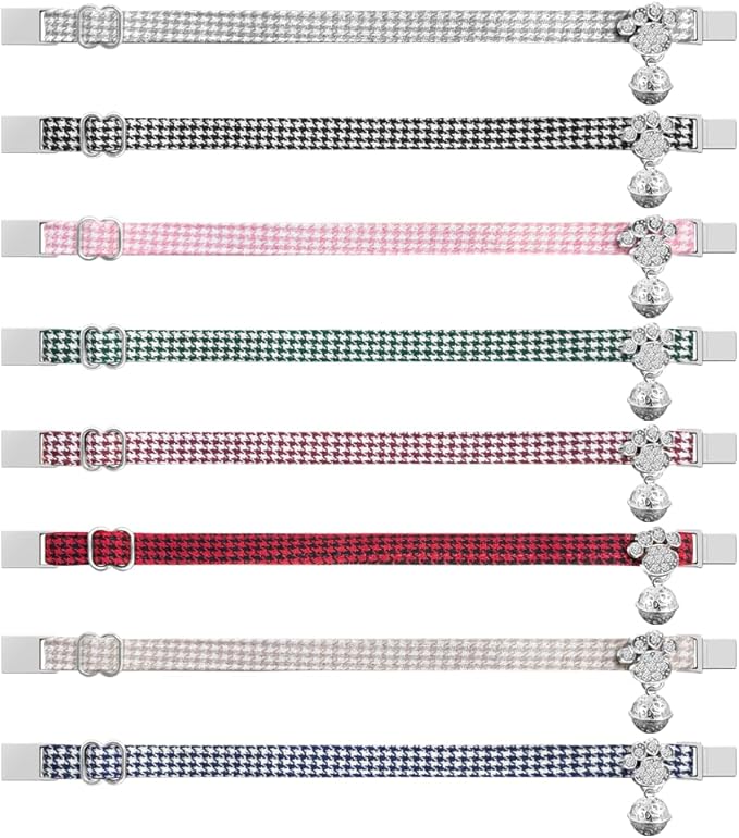 Personalized Breakaway Cat Collars - Magnetic Buckle, Bell - Safety Quick Release, Customized for Girls & Boys Cats- (Houndstooth-Grey)