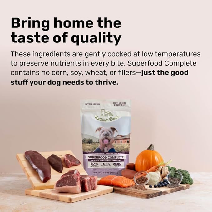 BADLANDS RANCH by Katherine Heigl- Superfood Complete, Air-Dried Adult Dog Food - High Protein, Zero Fillers, Superfood Nutrition (64 Ounce (Pack of 4), Lamb & Venison)