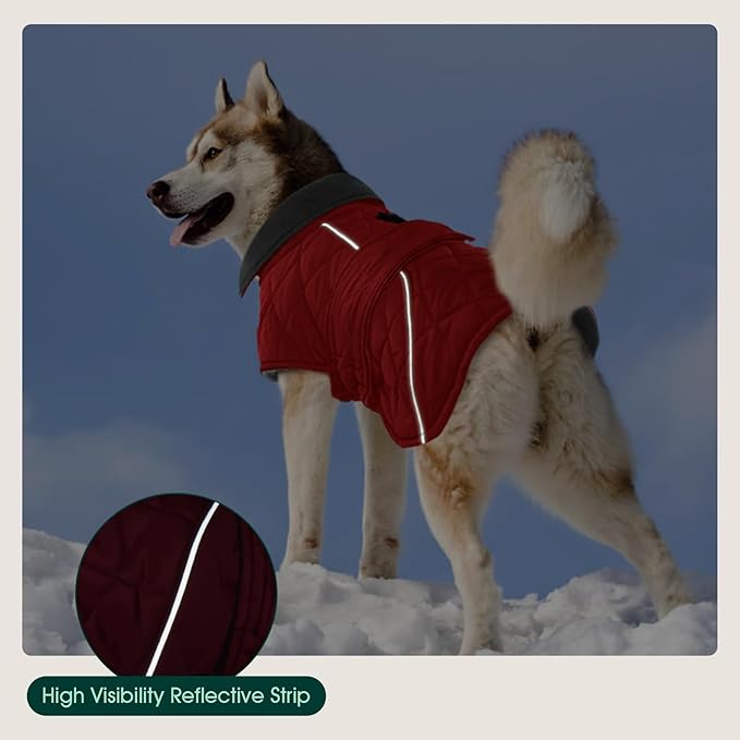 Kuoser Extra Warm Dog Jacket, Windproof Dog Coat Cold Weather Clothes with Fleece Lining for Large Dogs, Turtleneck Pet Snowsuit Reflective Adjustable Winter Clothes, Red XL