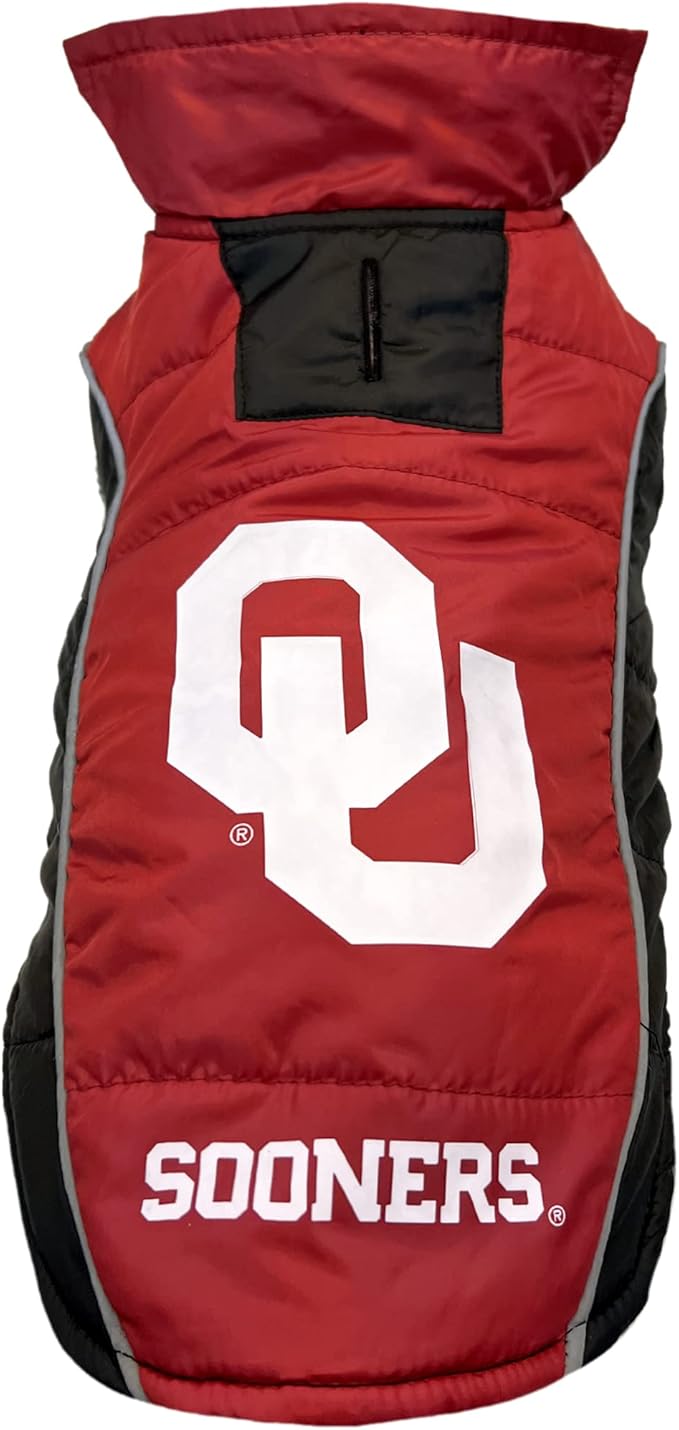 Pets First Collegiate Oklahoma Sooners Puffer Vest for Dogs & Cats. Size Large. Warm, Cozy, and Waterproof Dog Coat, for Small and Large Dogs/Cats.