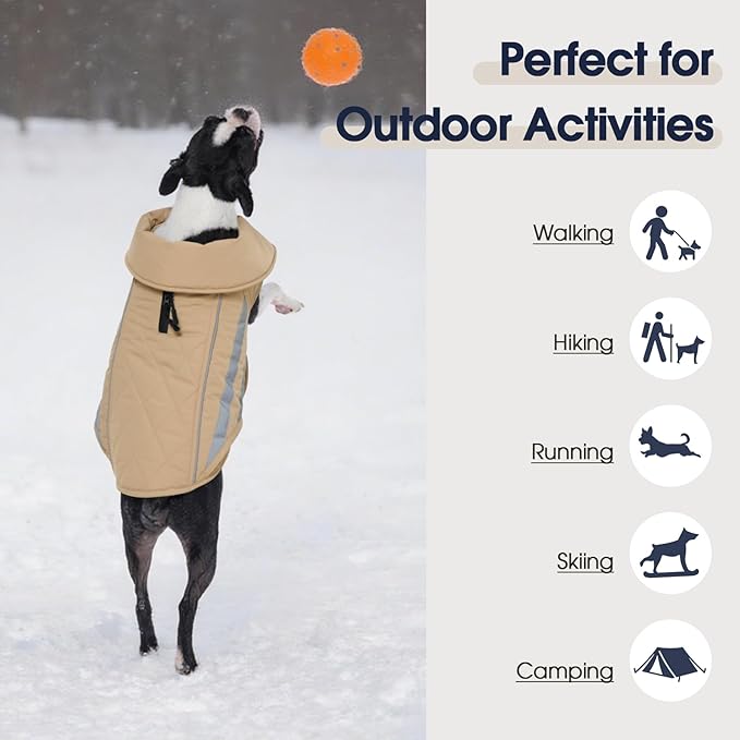 IECOii Dog Coat for Winter - Waterproof & Warm Dogs Coats, Reflective & Adjustable Jacket for Outdoor Cold Weather, Mashine Washable, Khaki, Sizes L